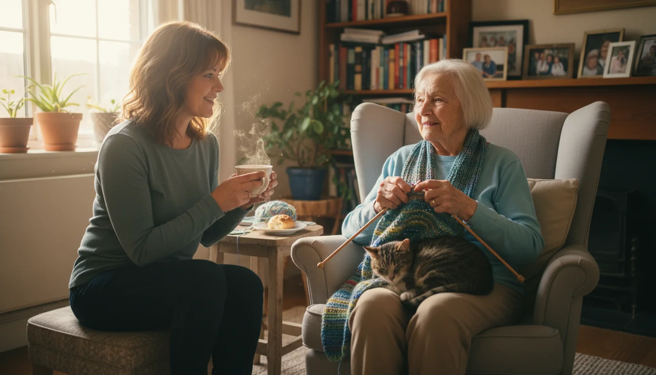 An older woman in an armchair knitting a colorful scarf, while a younger woman sits next to her, smiling gently, in a bright living room.