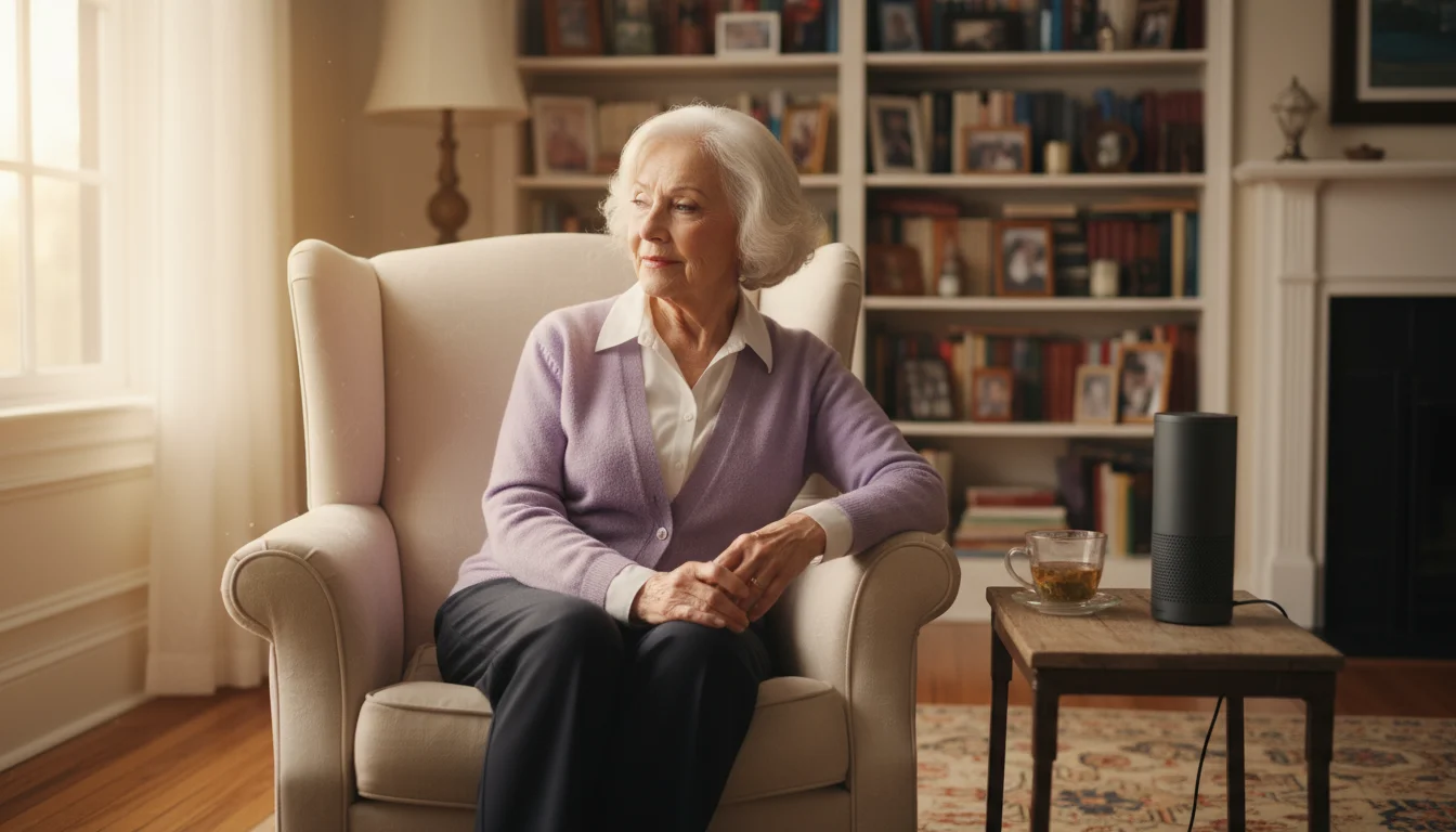 Older woman in armchair listening to a smart speaker on a side table in a sunlit living room, with a crossword on her lap.