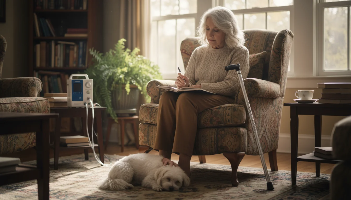 Older woman in armchair, gently petting dog, with a cane nearby and a portable oxygen concentrator in the background.