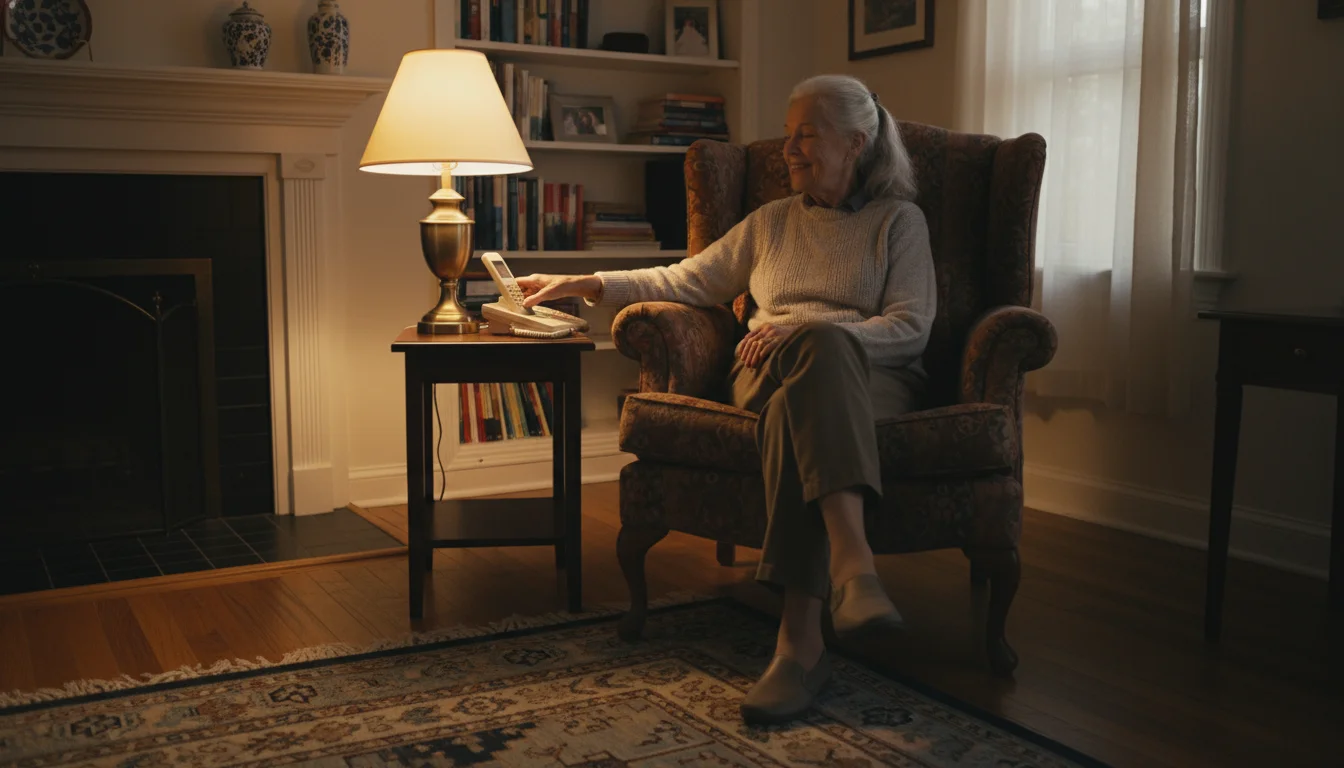 An older woman in an armchair reaching for a phone on a nearby table. A lamp and a flat rug are visible.