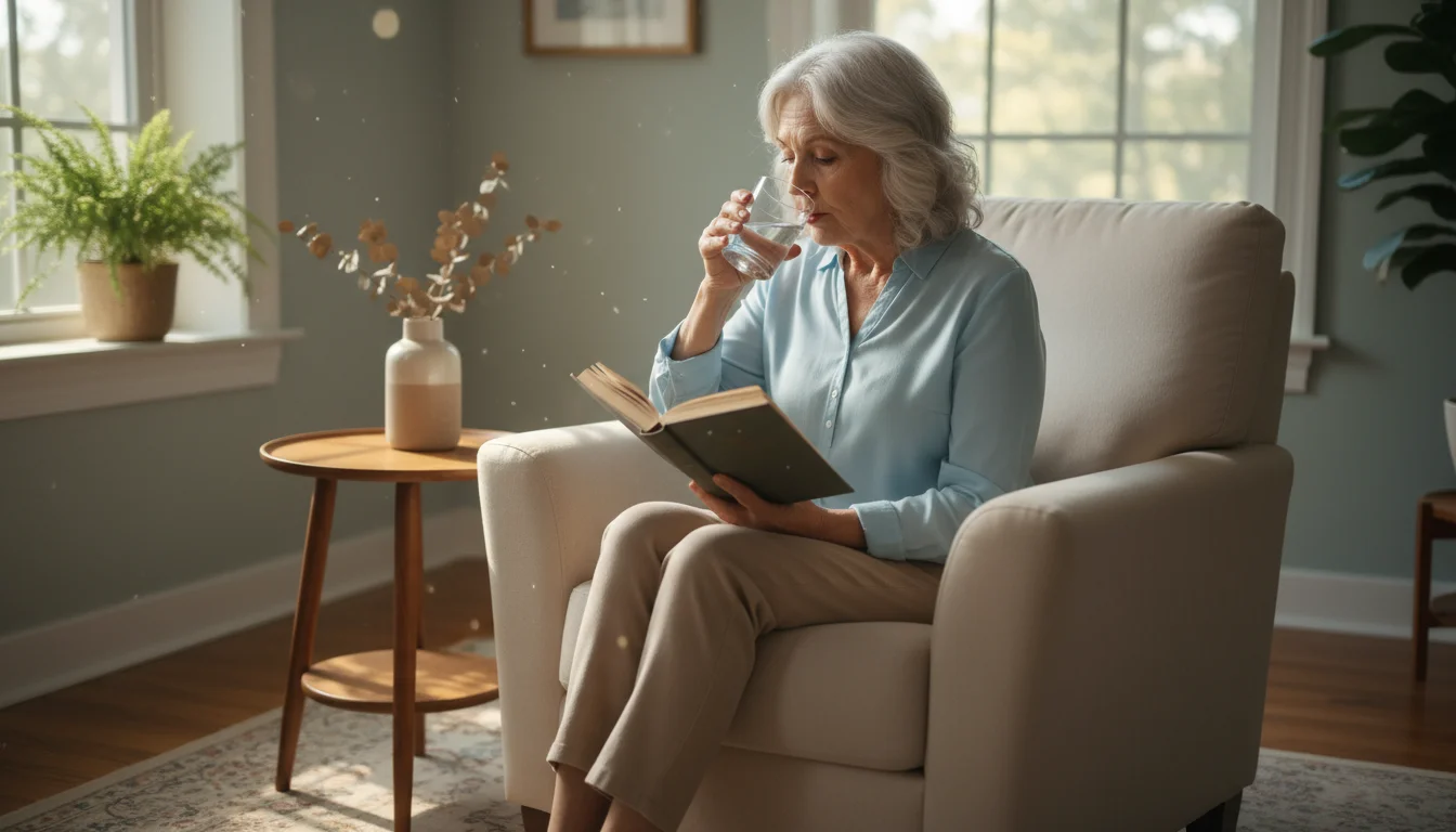 An older woman in an armchair sips water from a small glass while reading a book by a window.