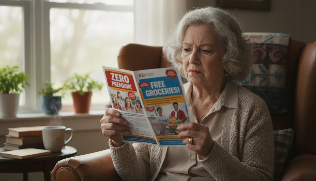 An older woman in an armchair, skeptically examining a colorful mailer advertising