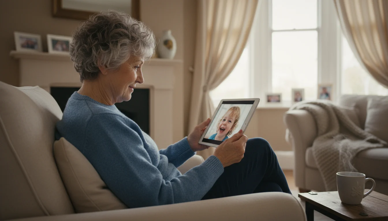 An older woman in an armchair, smiling warmly at a tablet displaying a video call with a child's face.