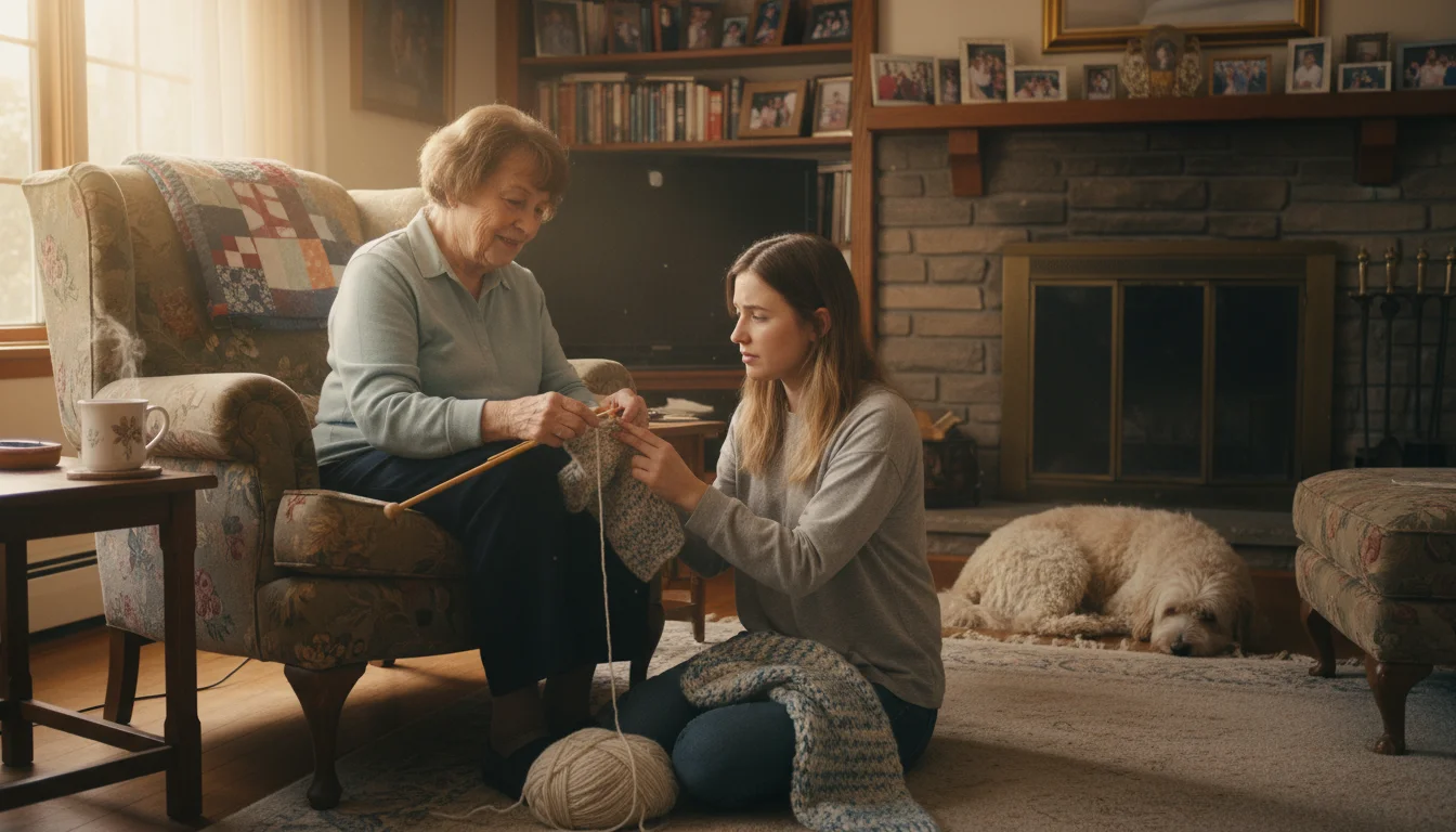 Older woman in an armchair gently teaches a young woman on the floor how to knit in a sunlit living room.