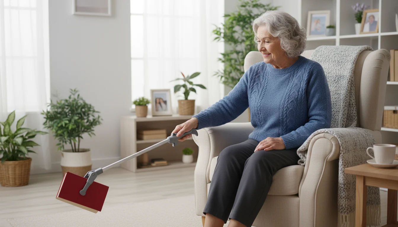 An older woman in an armchair uses a grabber tool to pick up a book from the floor, smiling gently.
