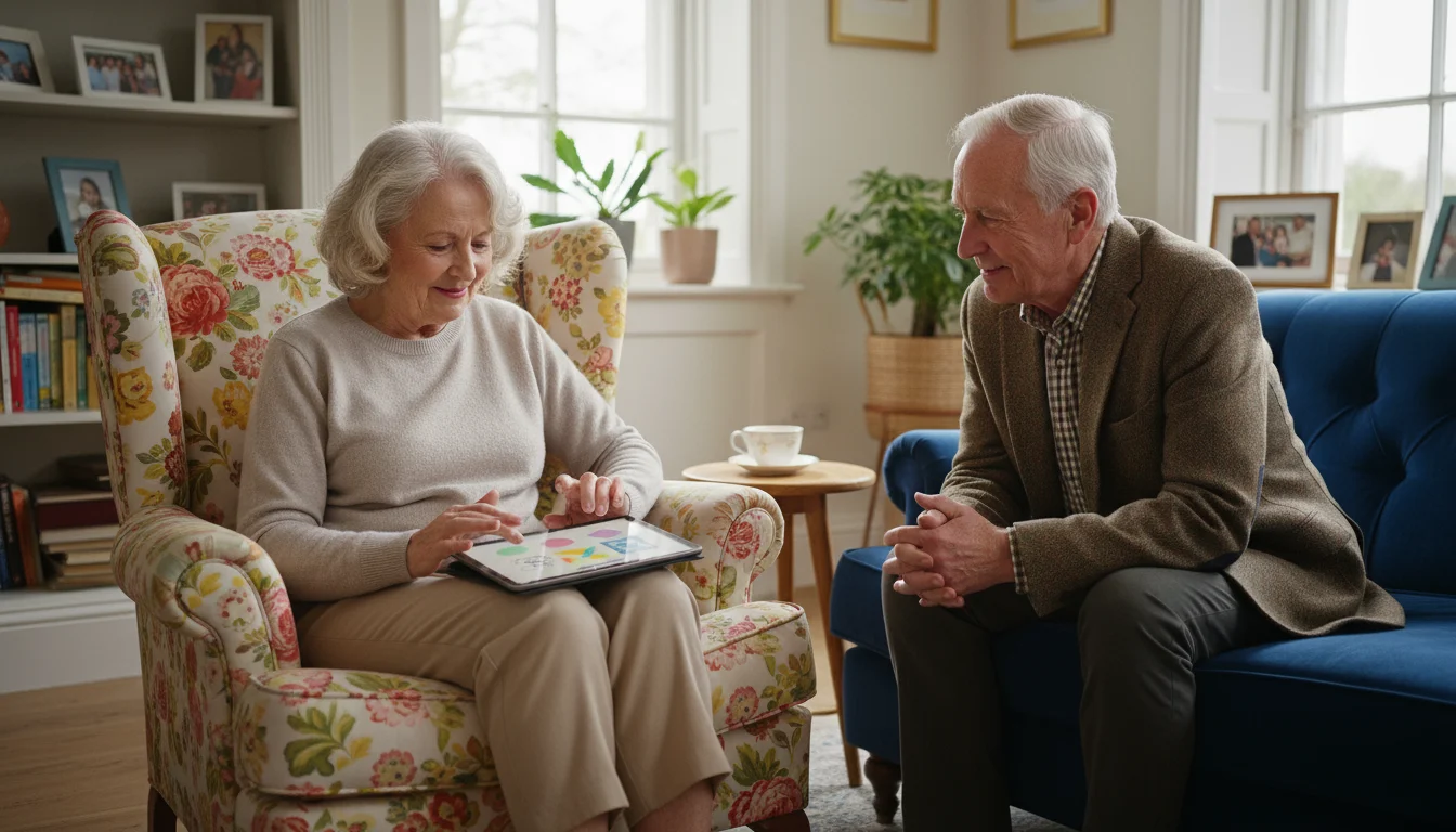 An older woman in an armchair uses a tablet with a colorful app; her partner watches beside her in a naturally lit living room.