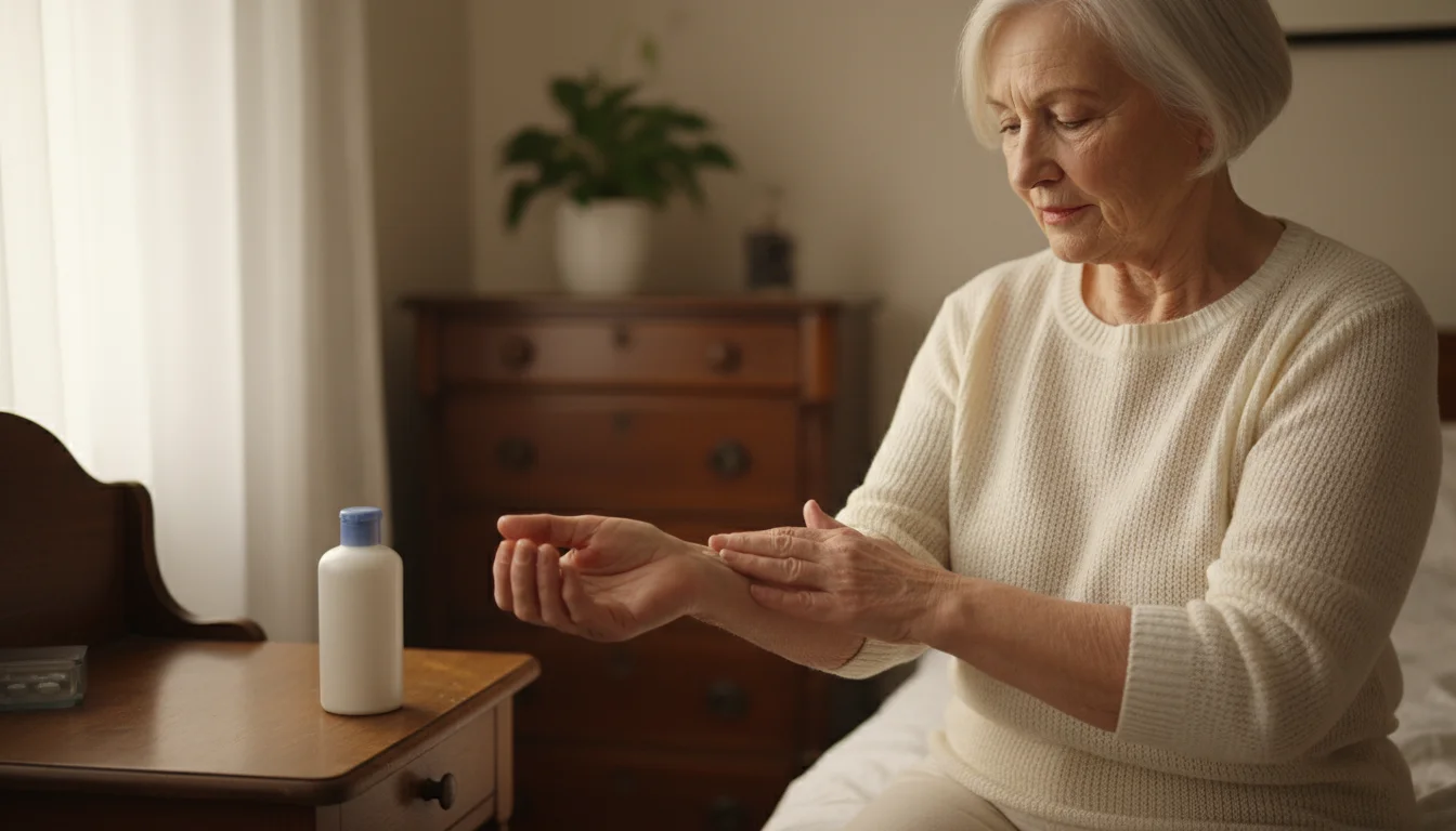 An older woman, around 70s, with gentle wrinkles, applying lotion to her forearm in a softly lit room. Her skin looks well-hydrated.