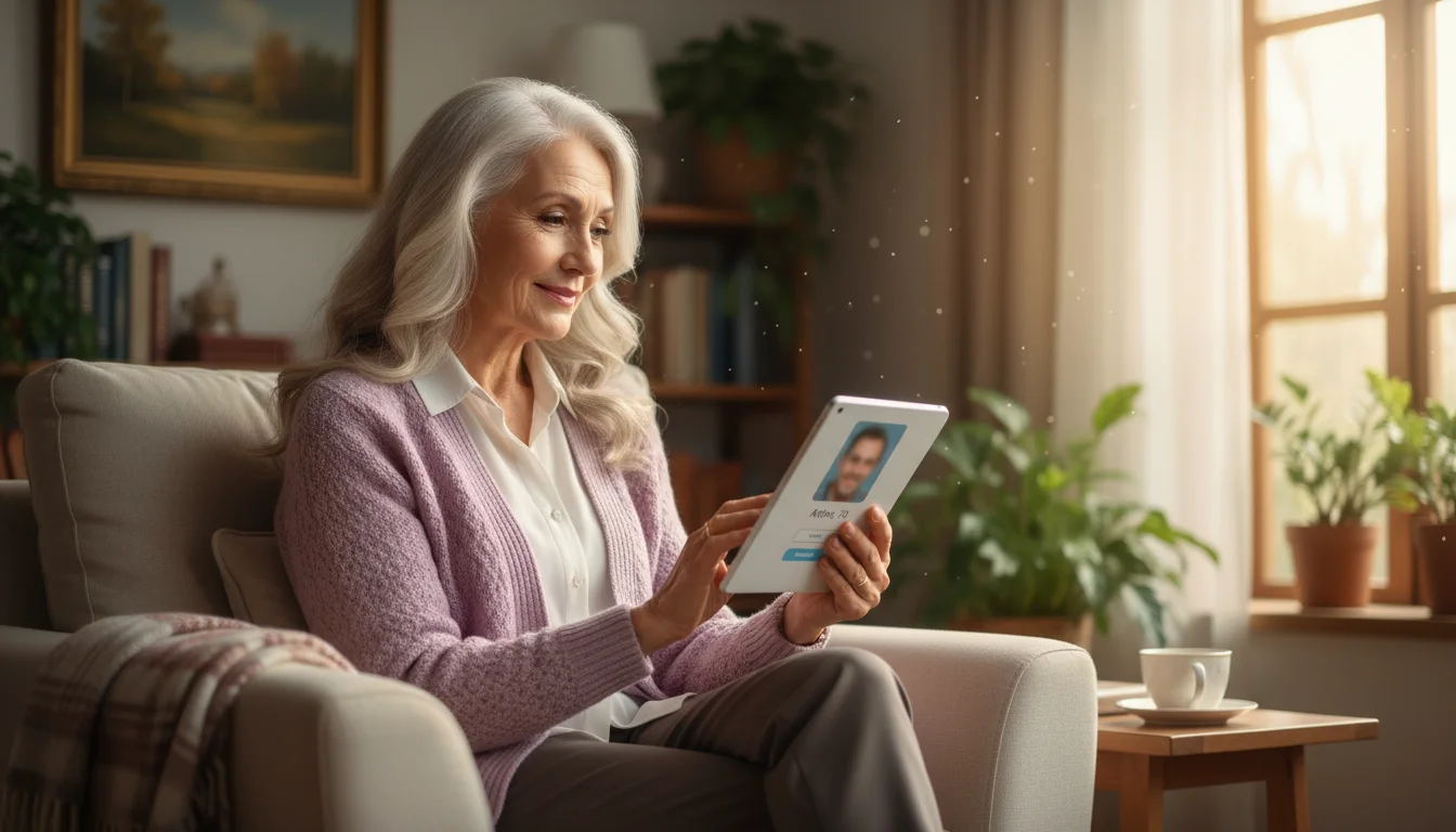 An older woman, around 72, with silver hair, sits in an armchair, smiling gently at a tablet displaying an online dating profile.
