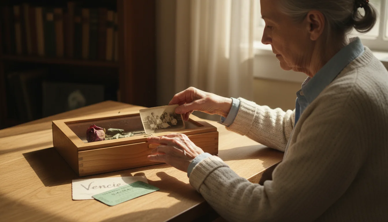 Older woman arranging old photos, dried flowers, and tickets in a wooden shadow box on a sunlit table.
