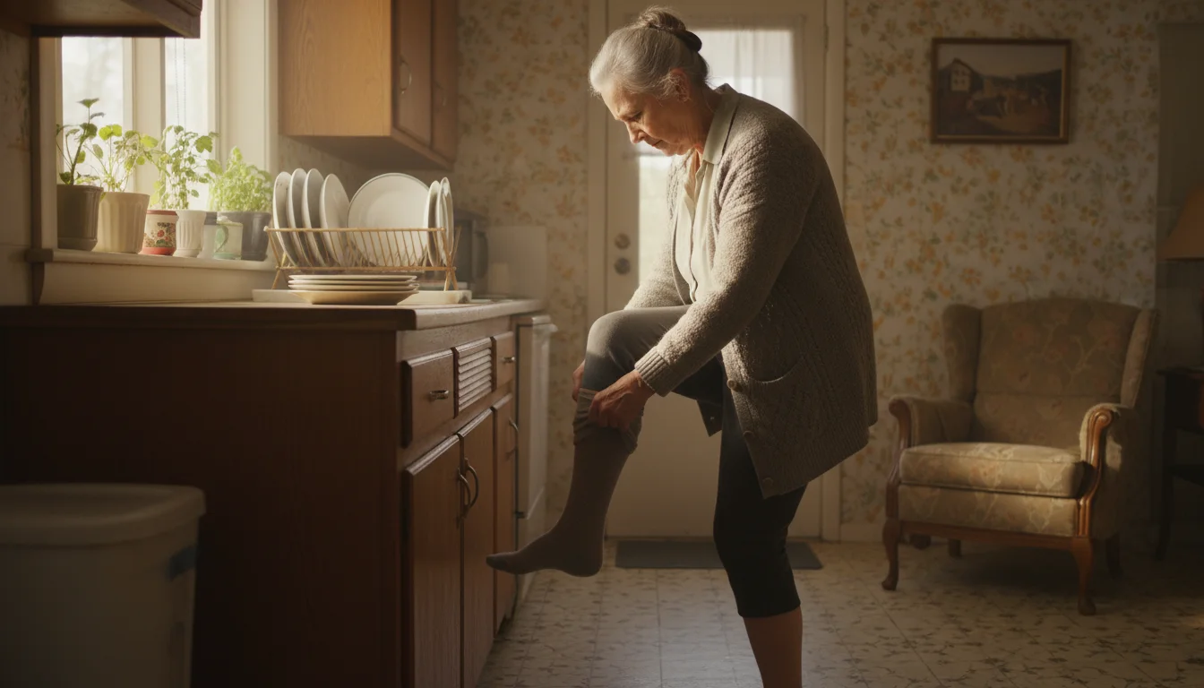 An older woman balances on one foot in a kitchen, holding onto a counter for support. Her ankle trembles.