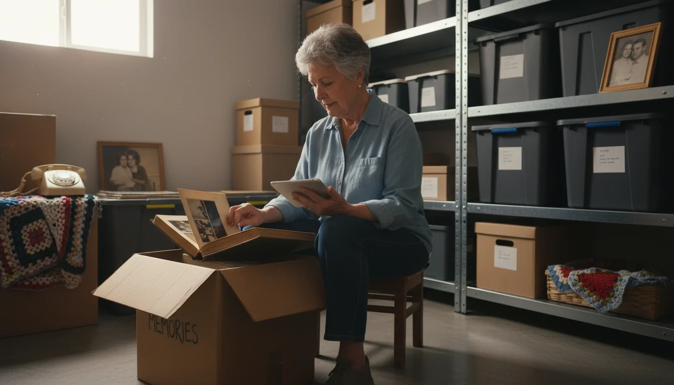 Older woman in a basement storage area, holding a tablet and thoughtfully examining a vintage photo album pulled from an open box.