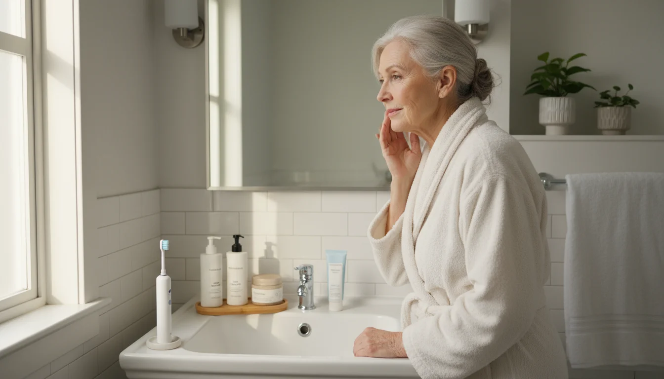 Older woman in a bathroom, looking at her reflection with skincare products and a toothbrush on the counter.