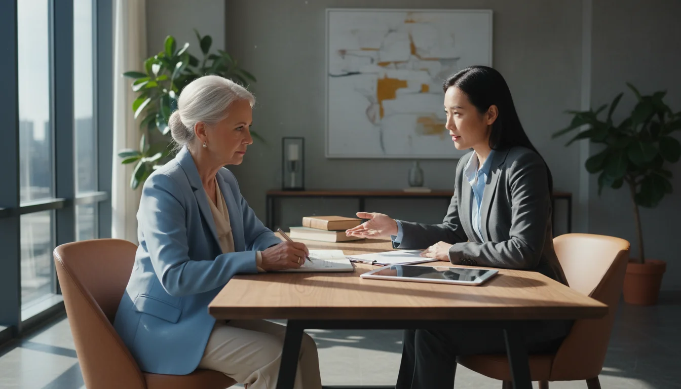 An older woman in a blue blazer sits at a desk, thoughtfully consulting with a professional female attorney about documents.