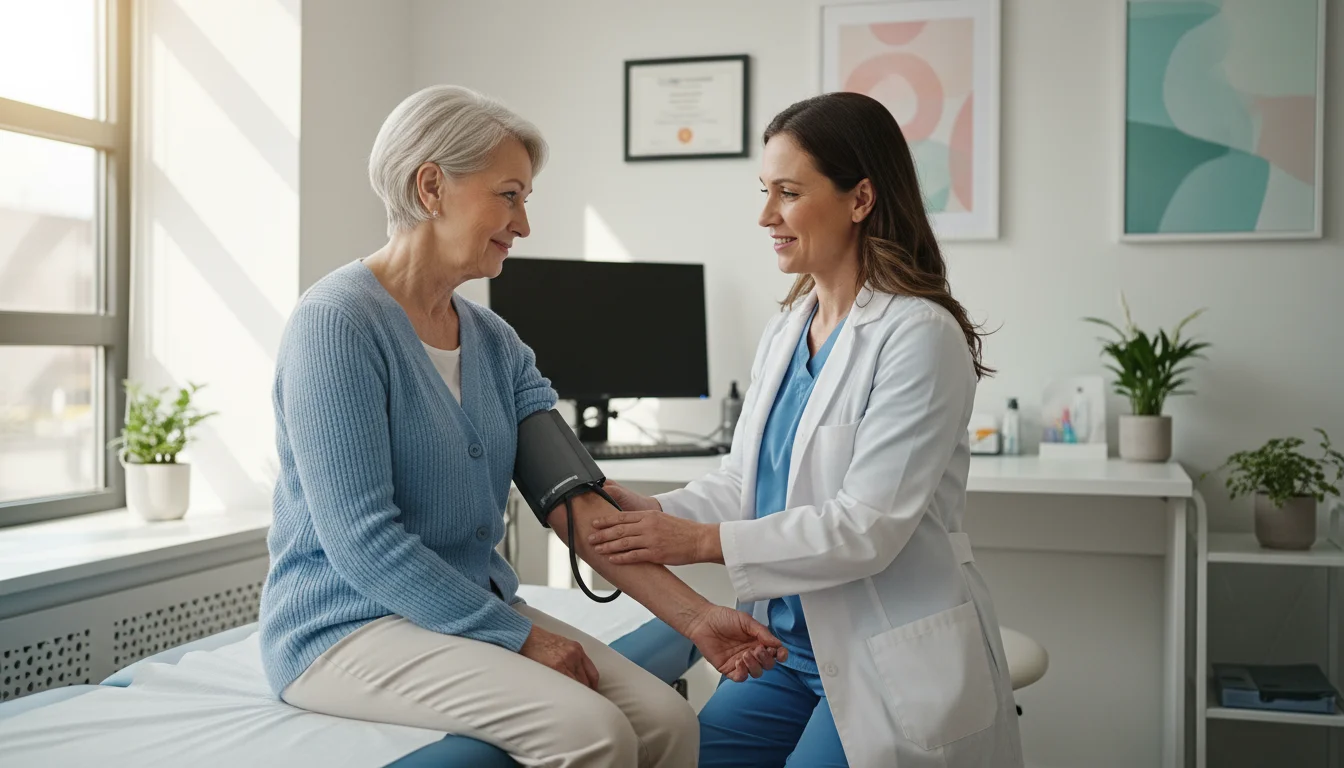 An older woman in a blue cardigan receiving a blood pressure check from a nurse in a bright, modern clinic.
