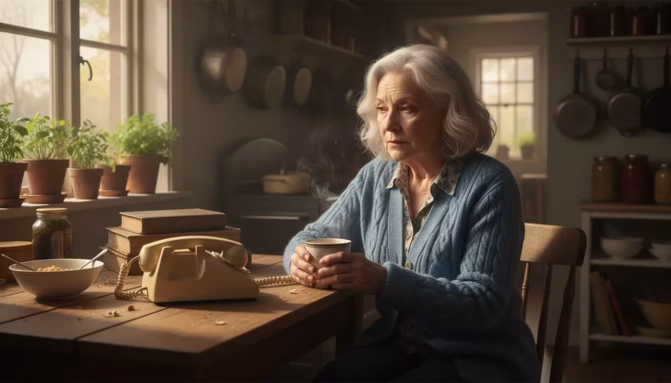 An older woman in a blue cardigan sits at a sunlit kitchen table, looking thoughtfully at a landline phone next to a mug.