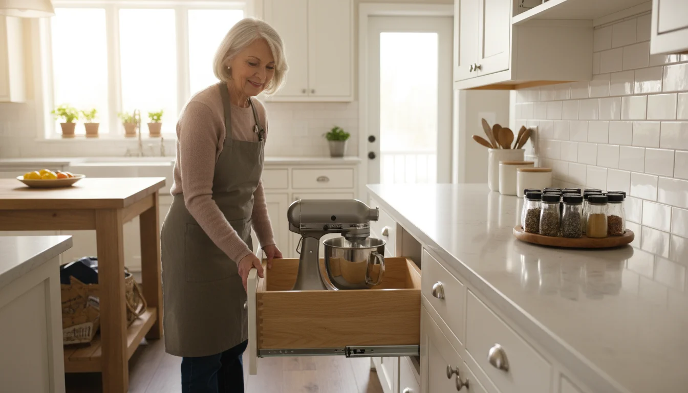An older woman in a bright kitchen easily pulls out a lower drawer to access a stand mixer, with a spice lazy Susan nearby.