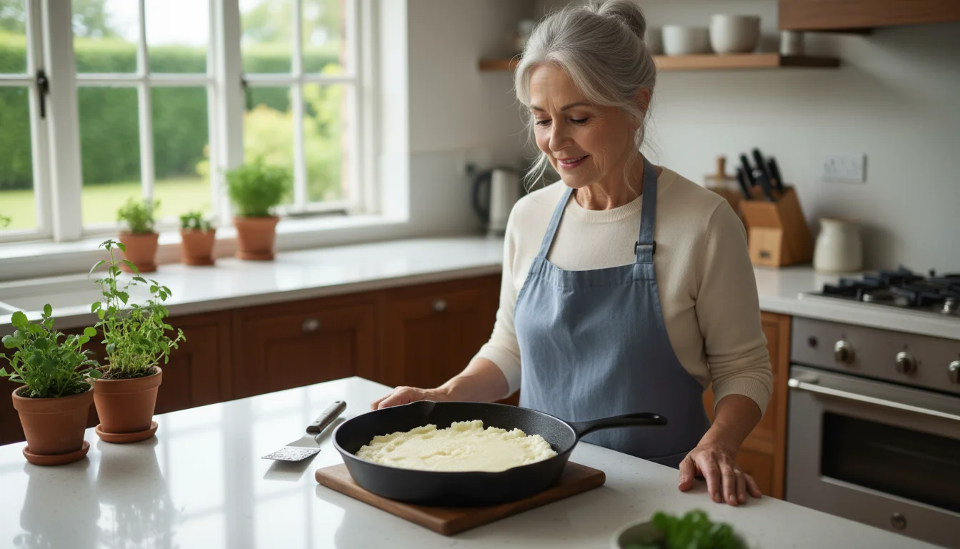 An older woman in a bright kitchen observes a skillet where cooking oil has solidified, ready for easy disposal.