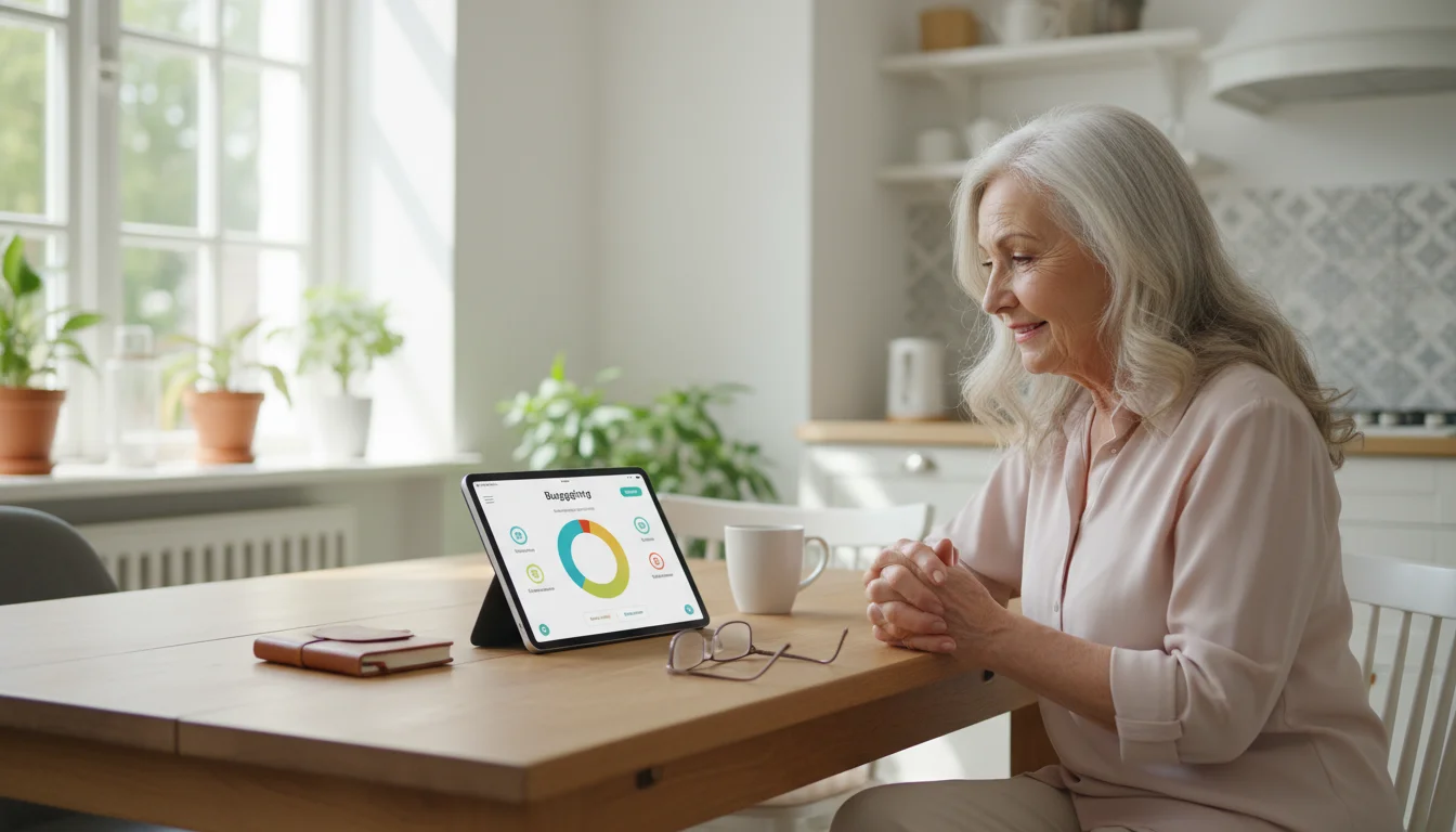 An older woman in a bright kitchen reviews her finances on a tablet, a budgeting app clearly visible on the screen.