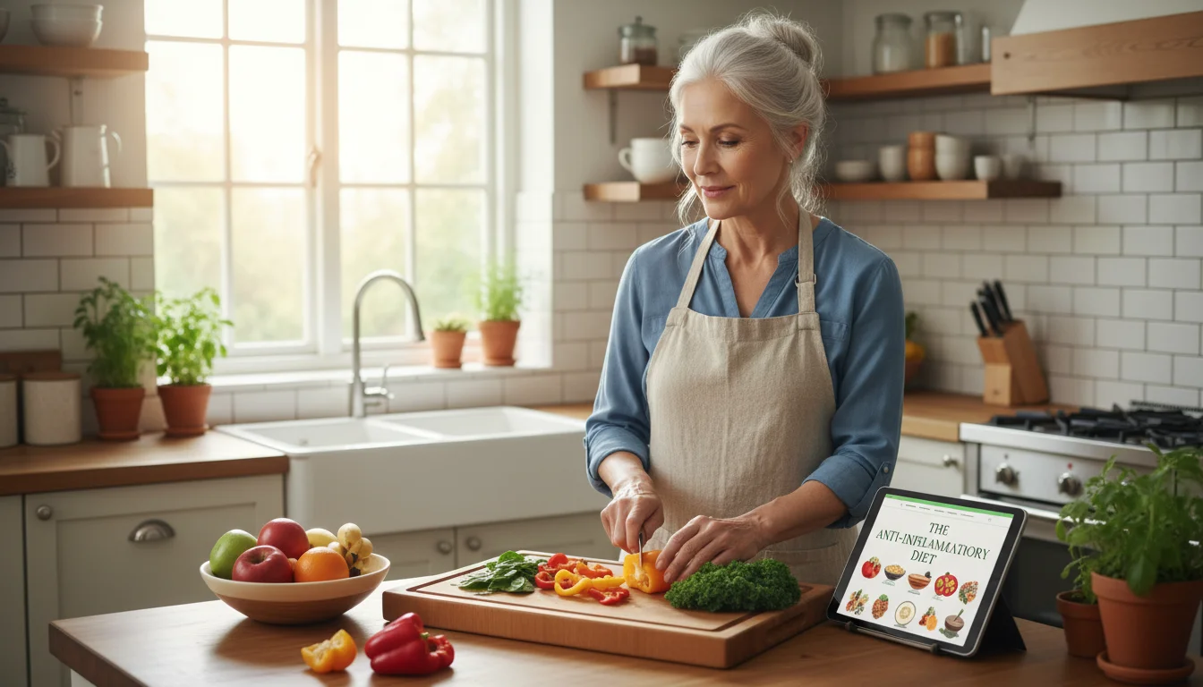 An older woman in a bright kitchen thoughtfully chops colorful vegetables, a cookbook open nearby, embodying proactive healthy eating.
