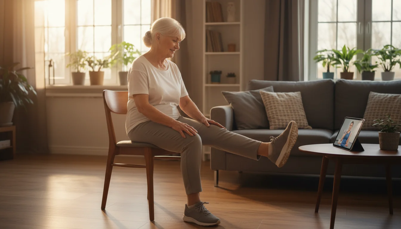 An older woman in a bright living room doing chair exercises, extending one leg, with a tablet showing a fitness video nearby.