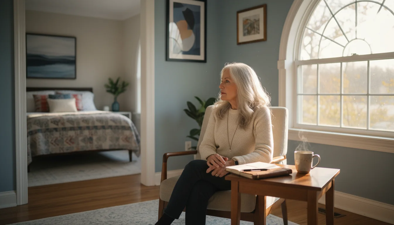 An older woman in a bright living room looks out a window. A notepad is nearby, and a tidy spare bedroom is visible through an open door.