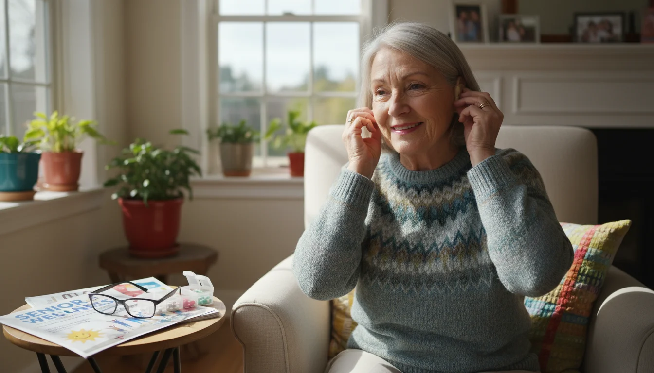 An older woman in a bright living room puts on hearing aids. Reading glasses, a pill organizer, and a fitness class flyer are nearby.