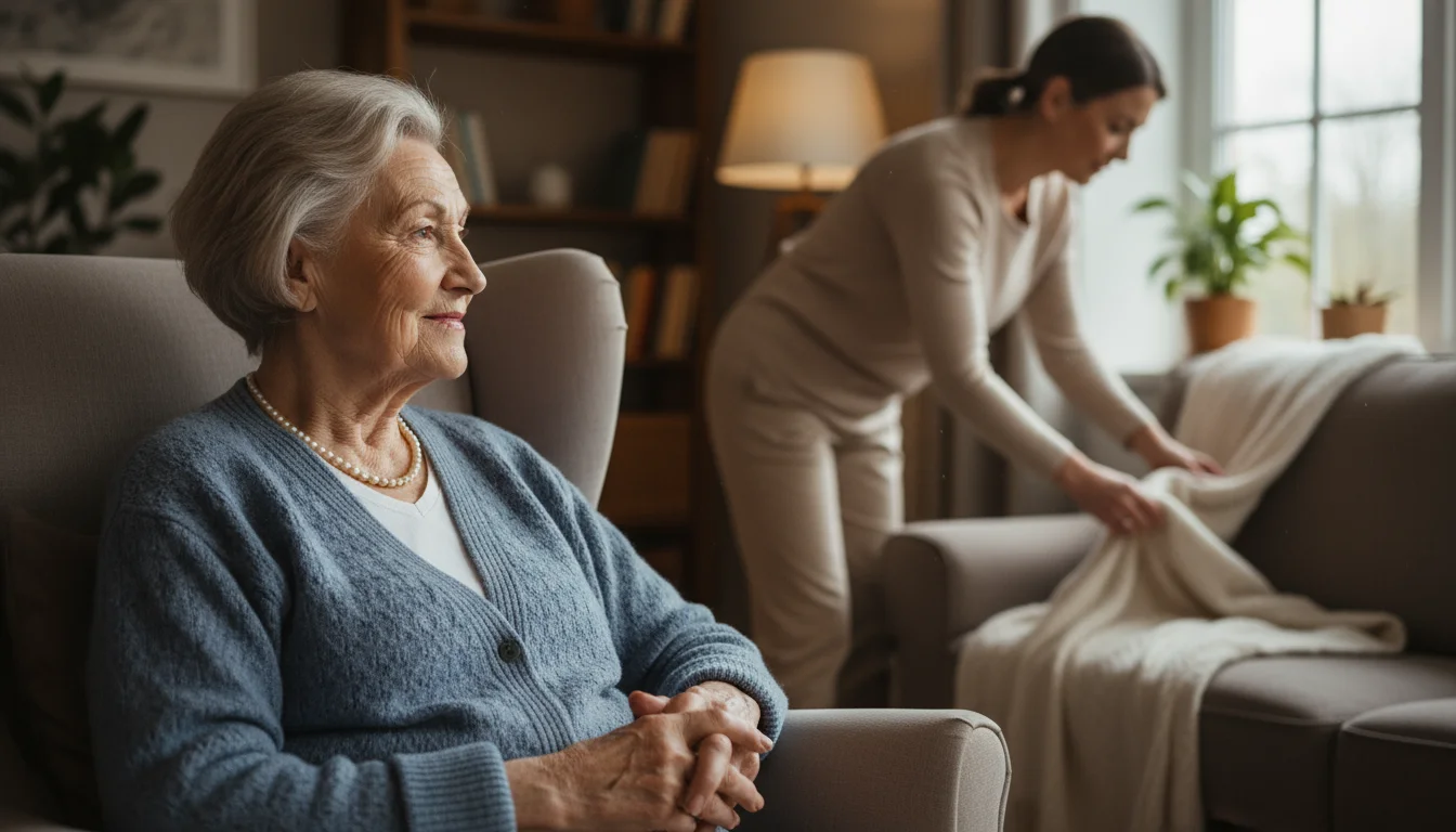 Older woman in bright living room, smiling serenely, with a caregiver subtly tidying in the background.