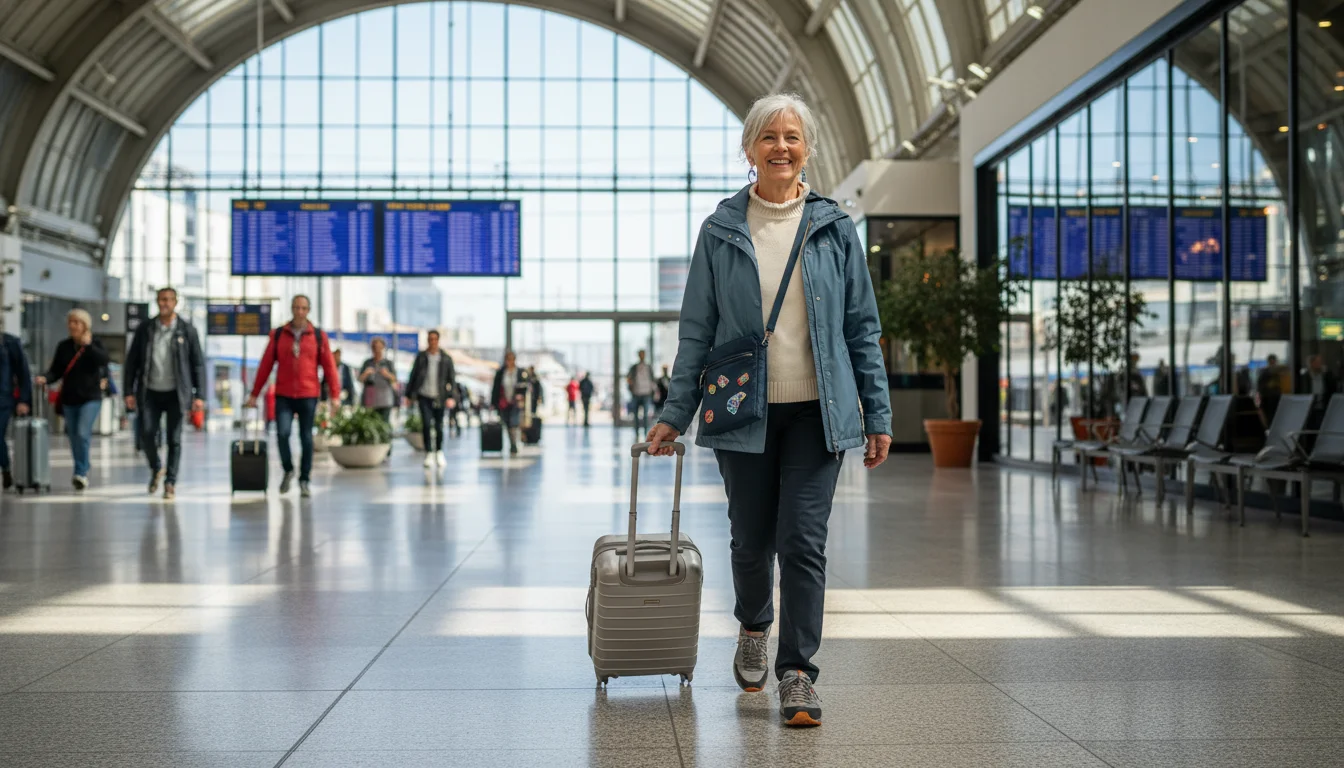 An older woman in a bright train station effortlessly wheels a light suitcase and carries a small crossbody bag.