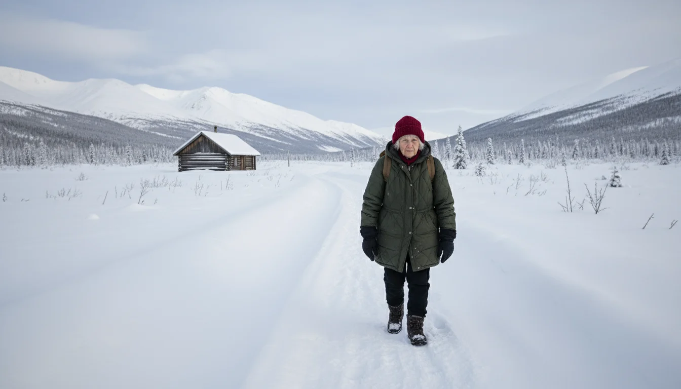 An older woman bundled in warm clothes walks cautiously on a snowy path away from a remote cabin in a vast, stark Alaskan landscape.