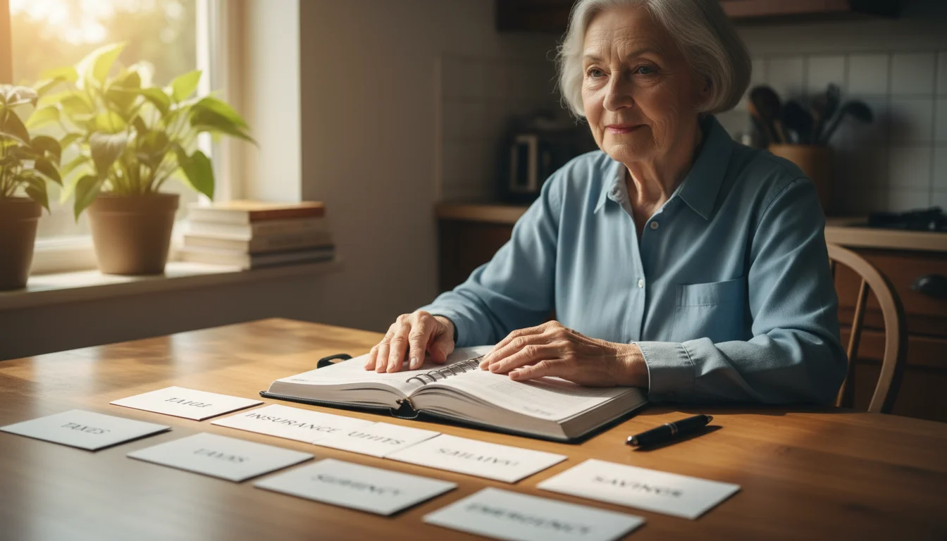 An older woman with a calm expression sits at a bright kitchen table, her hands on an open financial planner next to small labeled envelopes.