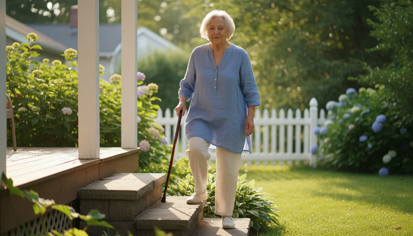 An older woman with a calm expression gently walks up a few outdoor steps, her shoulders relaxed and lips slightly pursed.