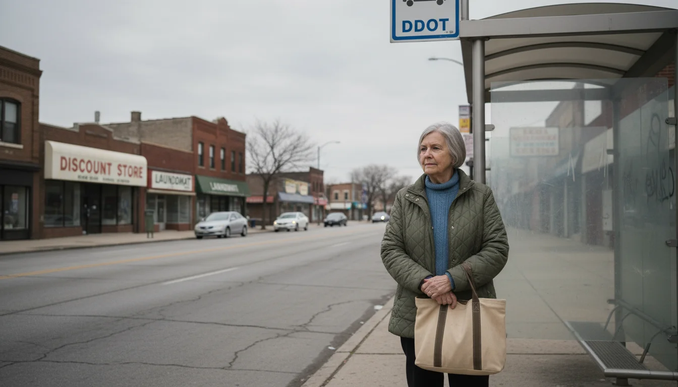 Older woman with a canvas tote bag stands patiently at a slightly rusty bus stop bench on a city street under an overcast sky.