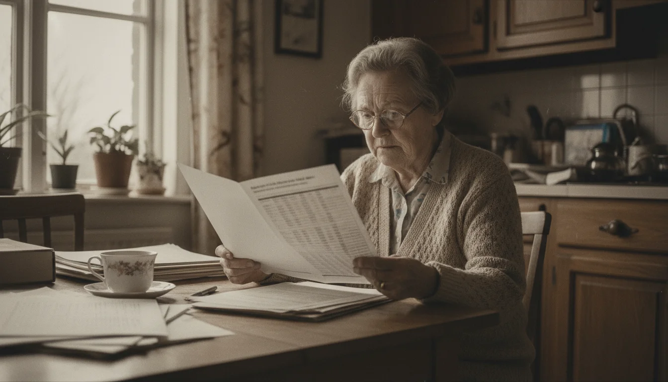 An older woman in a cardigan frowns slightly, trying to read a confusing financial document at her kitchen table.