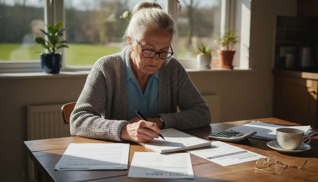 An older woman in a cardigan and reading glasses reviews paper financial statements and a budget planner at her sunlit kitchen table.