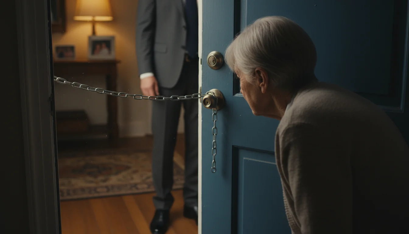 An older woman cautiously peers through her front door's peephole, with a security chain engaged, at an uninvited visitor.