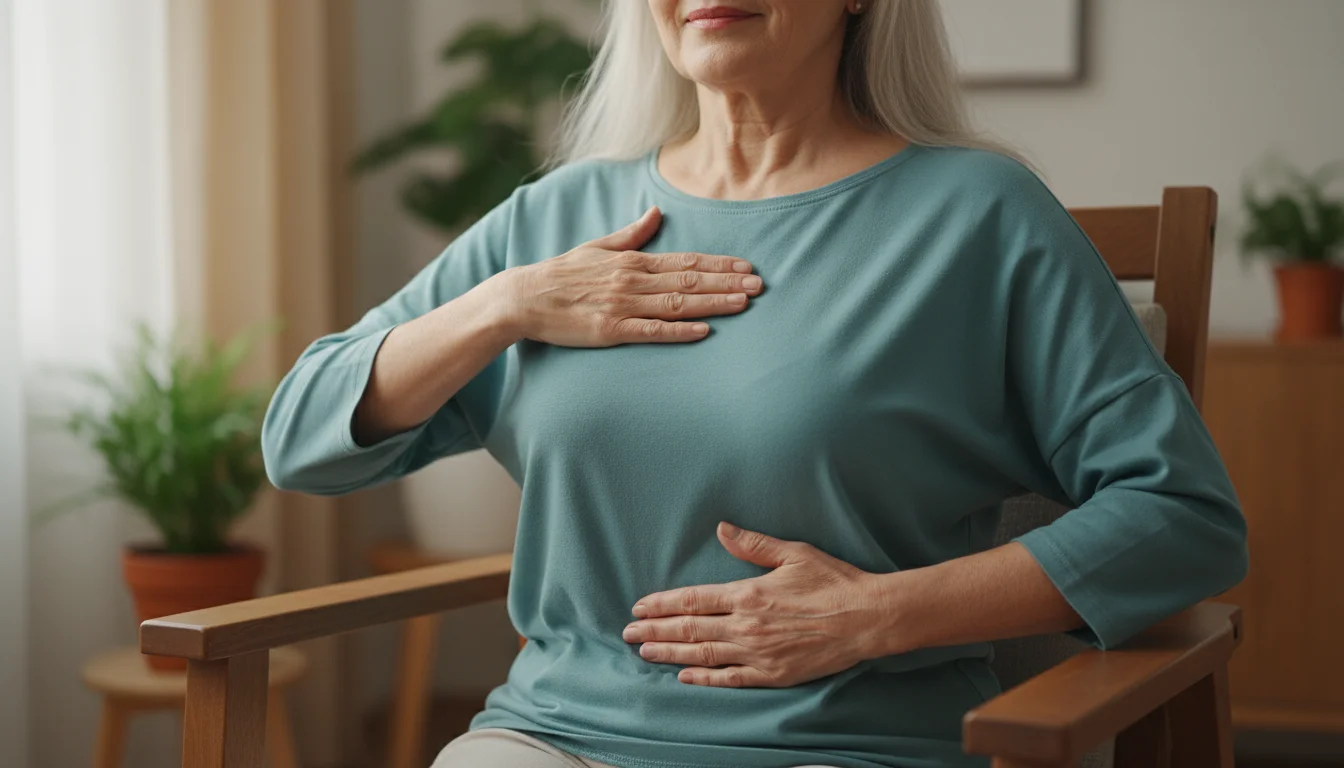 Older woman in a chair with one hand on her belly and the other on her chest, demonstrating diaphragmatic breathing.
