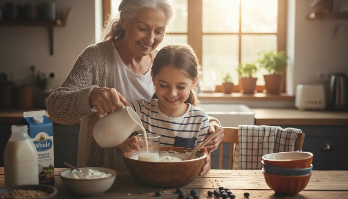 An older woman and a child in a sunlit kitchen, preparing food with milk, yogurt, kale, and orange juice visible on the counter.