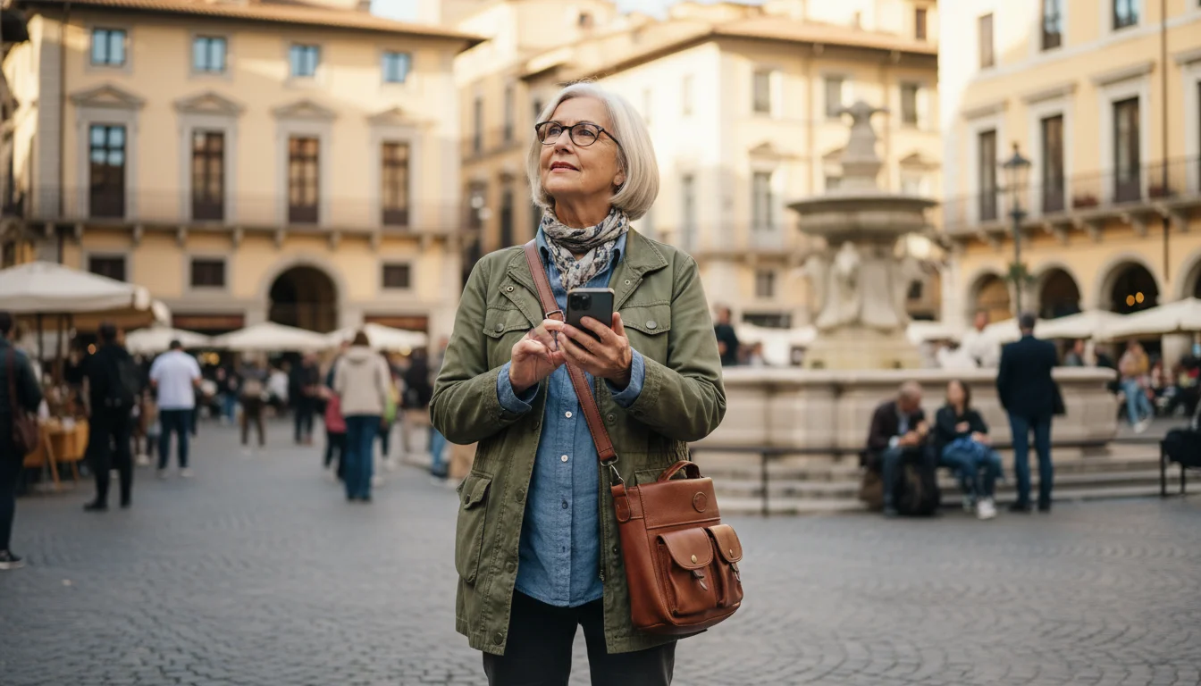 An older woman in a city square holds her smartphone, looking at a map while scanning her surroundings with an aware expression.