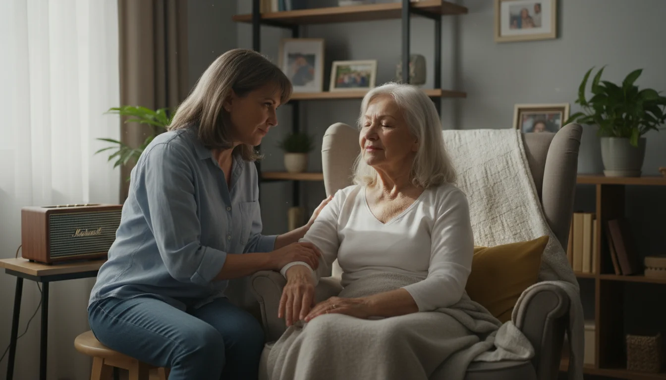 An older woman with closed eyes listens to music as her adult daughter gently comforts her with a hand on her arm in a sunny room.