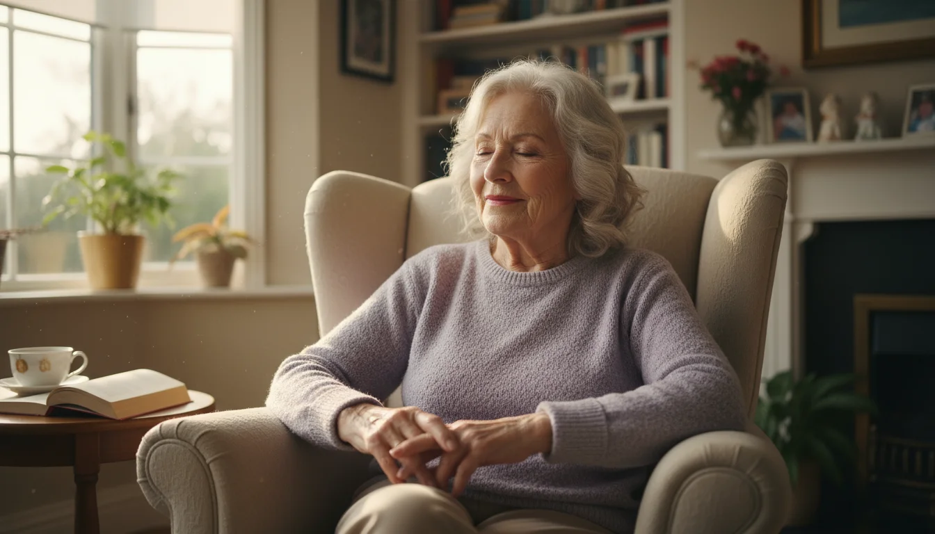 An older woman with closed eyes sits peacefully in a sunlit armchair, her hands gently resting in her lap, practicing mindfulness.
