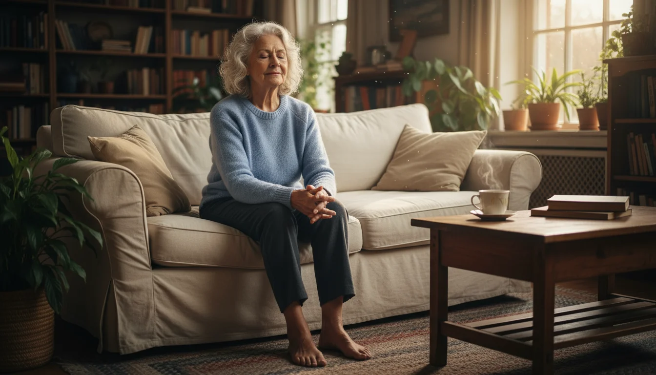 An older woman with closed eyes sits upright on a sofa, hands in lap, a peaceful expression, illuminated by natural light.