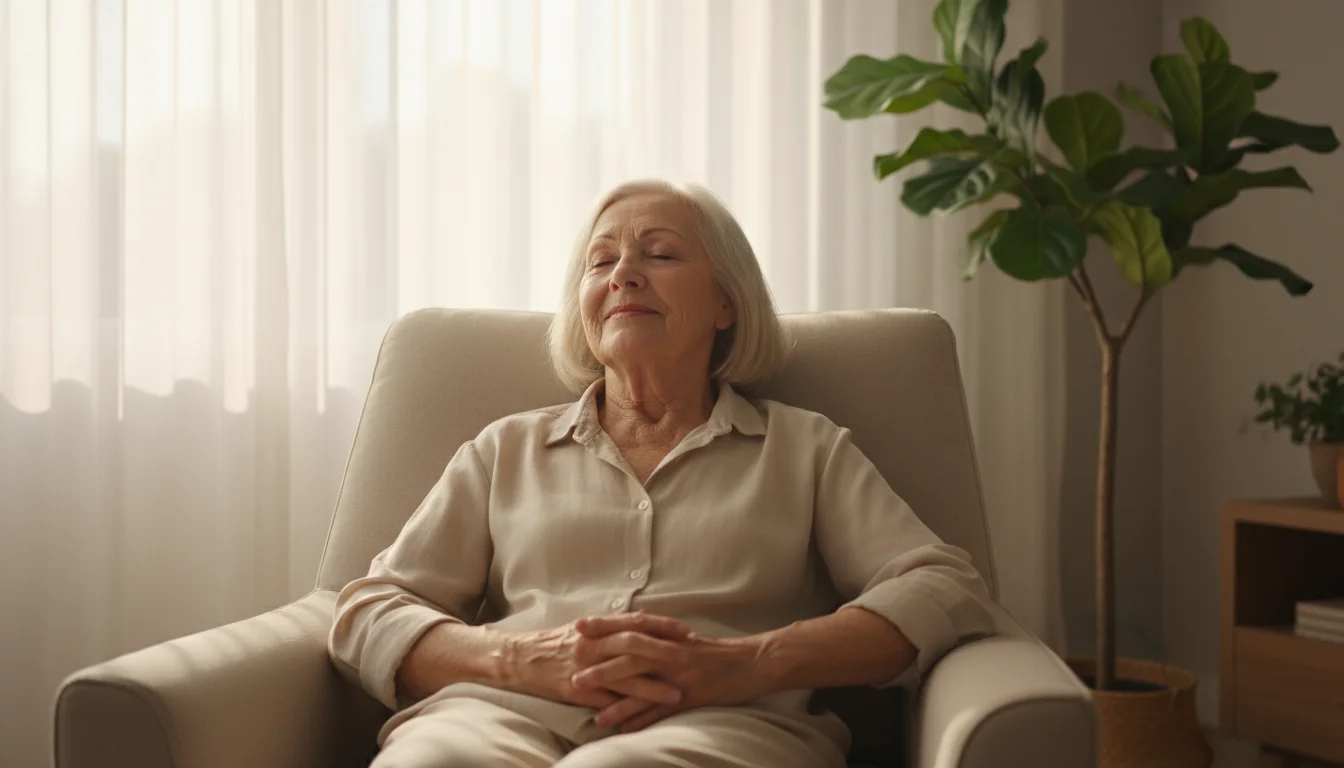 Older woman with closed eyes sitting peacefully in a sunlit armchair beside a window and a potted plant, looking calm.