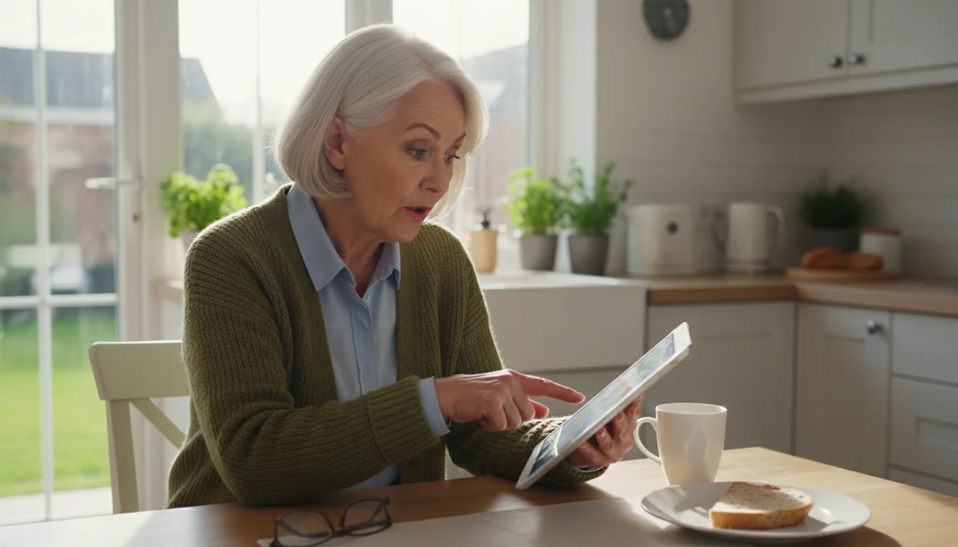 An older woman in a comfortable cardigan sits at a kitchen table, intently pointing at a tablet screen with a surprised expression.