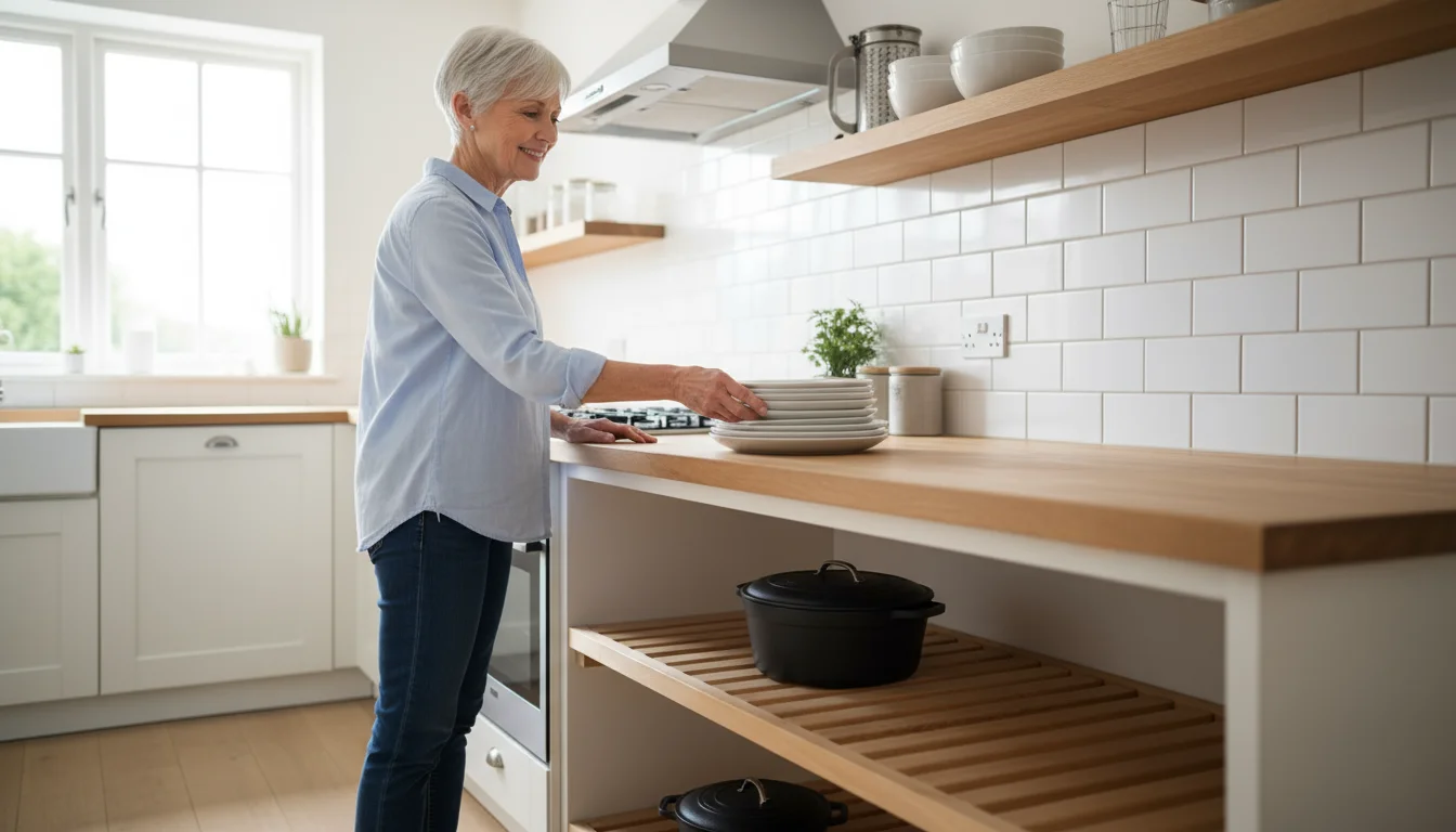 An older woman comfortably takes dinner plates from a lower kitchen shelf, with a heavy pot visible on a low shelf below.