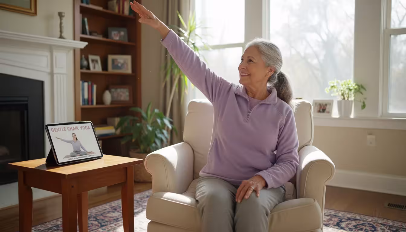 An older woman in a comfy armchair follows a chair yoga video on her tablet, gracefully reaching an arm up.