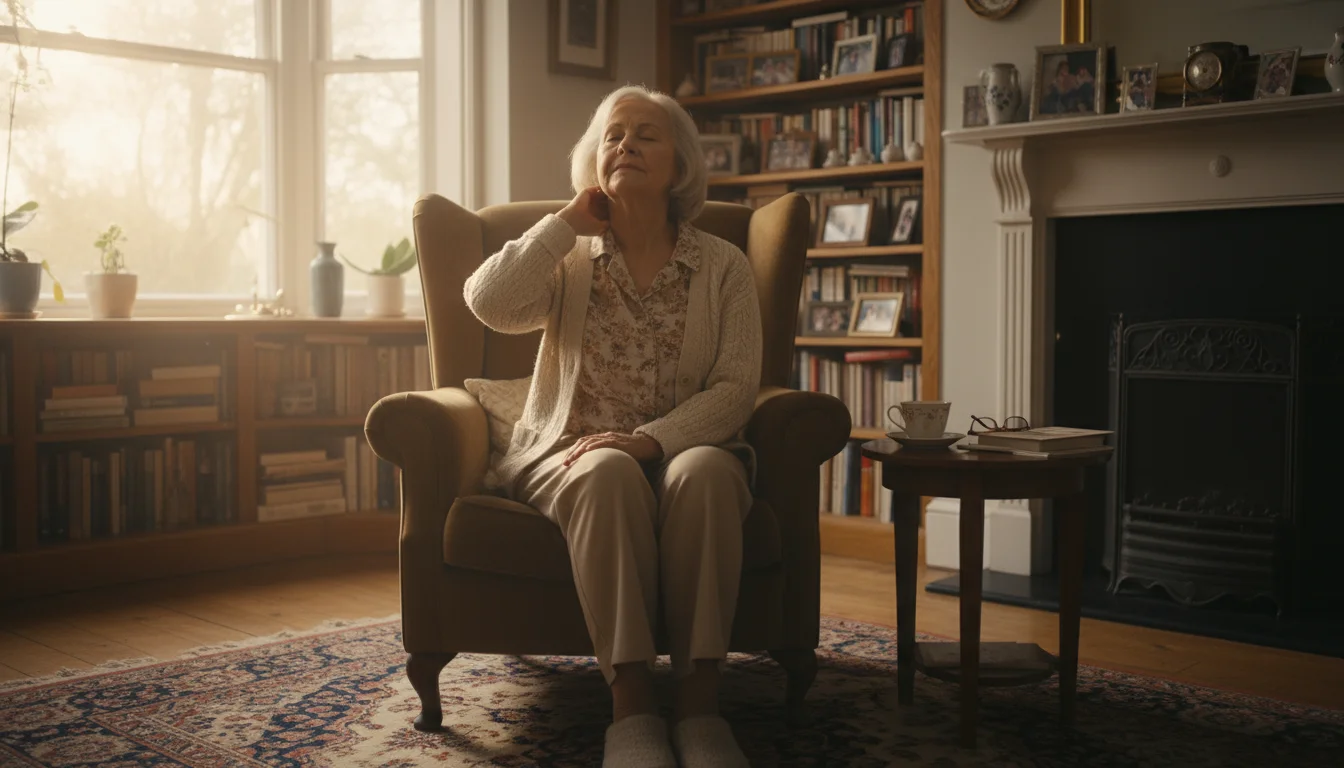 An older woman in a comfy armchair gently stretches her neck, bathed in soft morning light from a window.