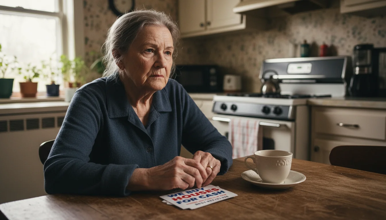An older woman with a concerned look sits at a kitchen table, her hands resting on a stack of 