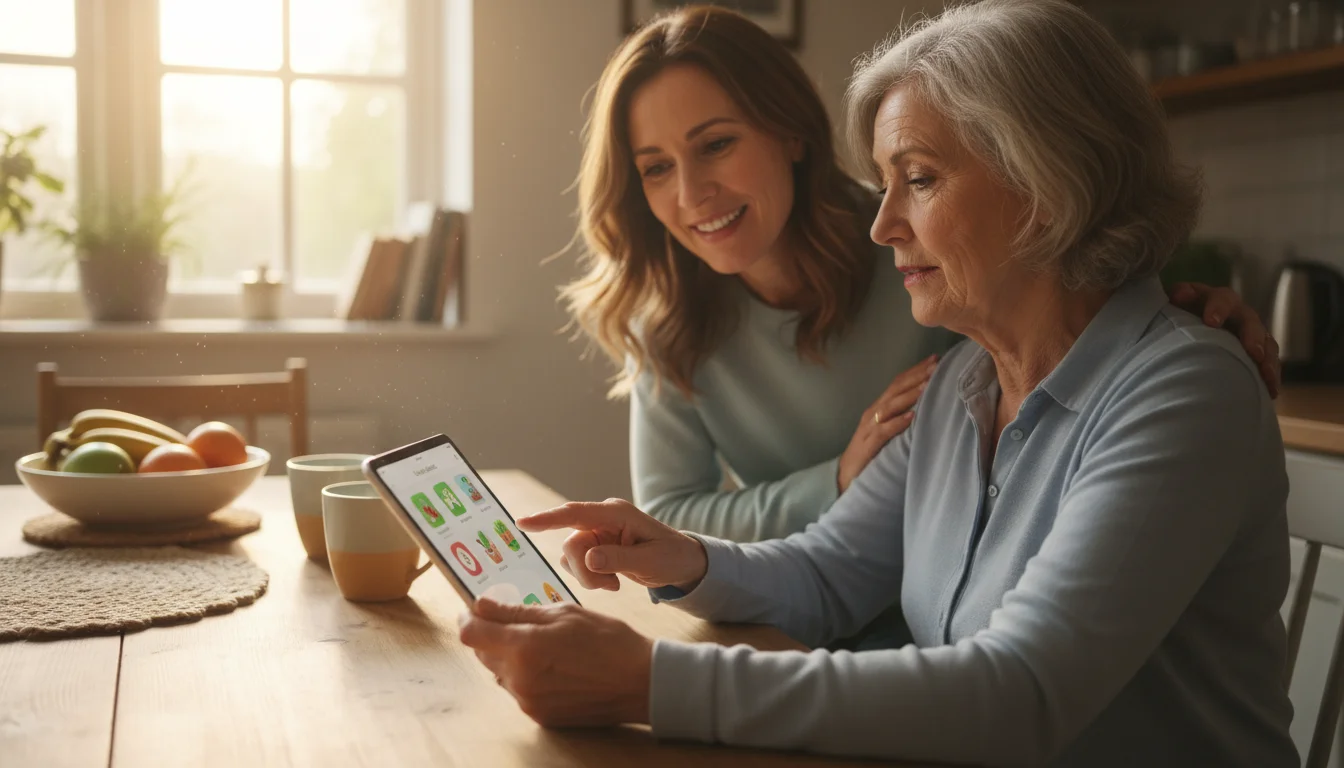An older woman confidently explores a tablet, her finger hovering over the screen, while her smiling daughter watches supportively.