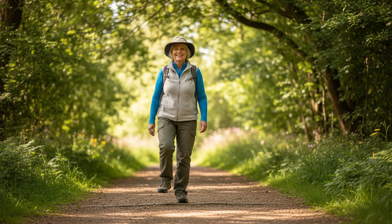 An older woman confidently steps up a gentle, sunlit park path, demonstrating balance and strength. Trees blur in background.