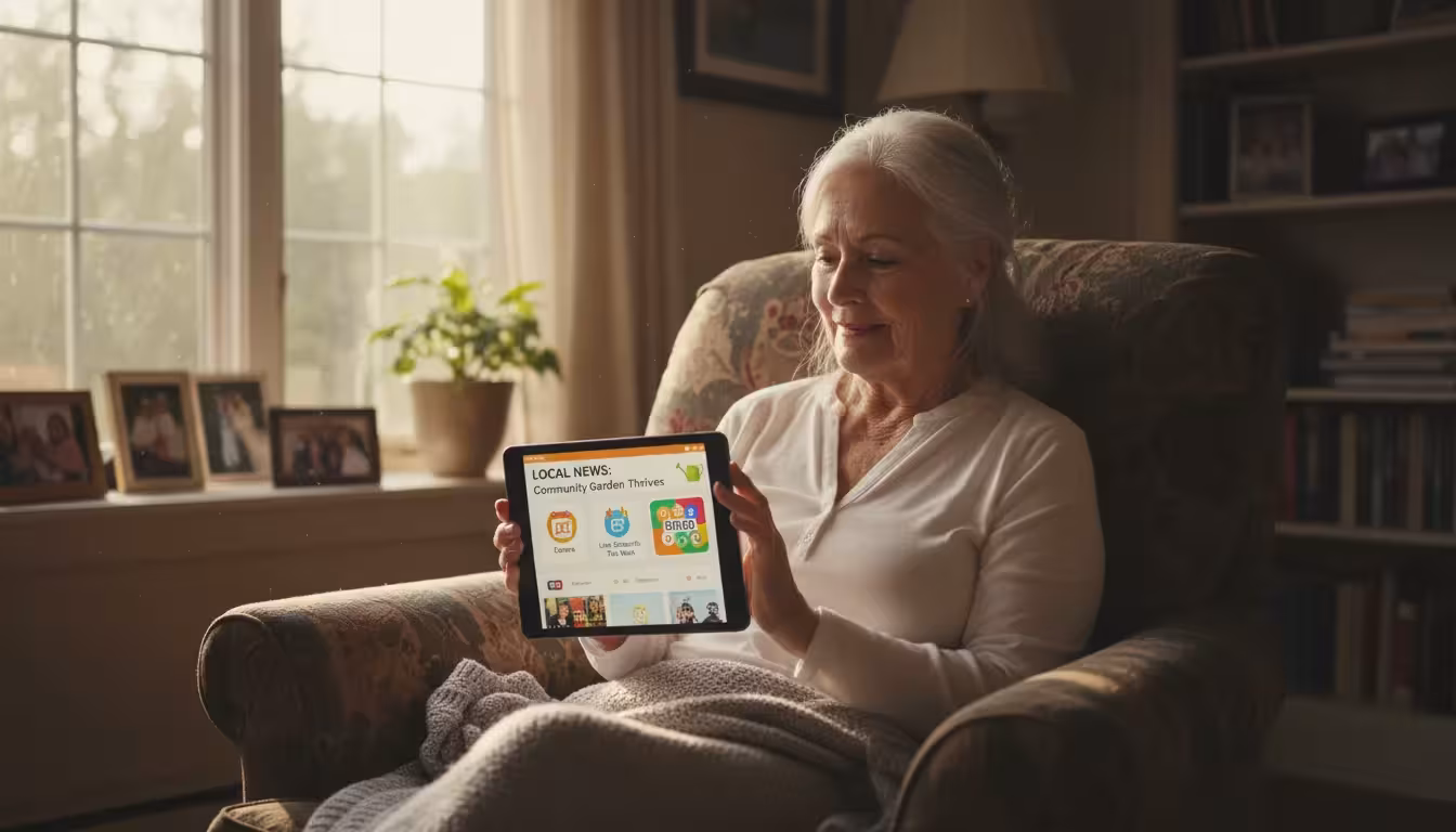 An older woman with a content smile holds a tablet displaying a colorful app interface, likely showing news, events, and games, in a bright living roo